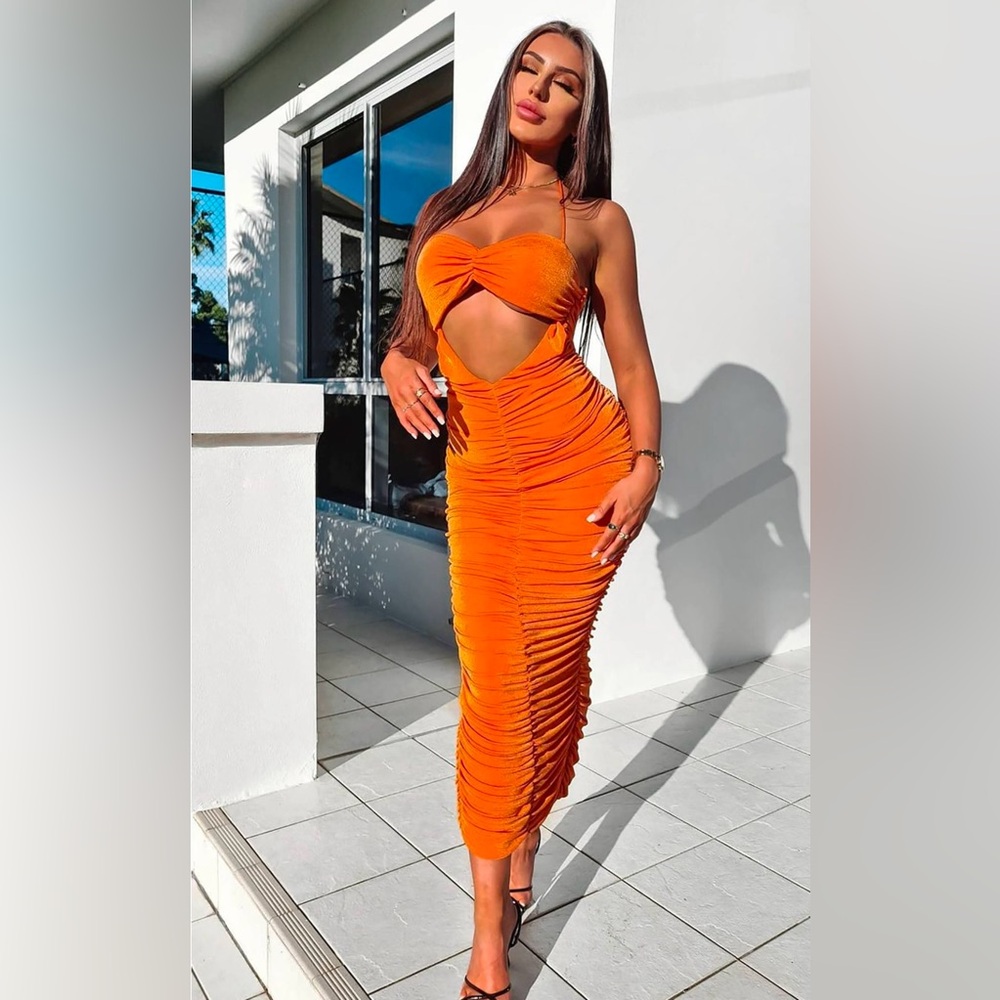Fashion Nova Orange Ruched Maxi Dress